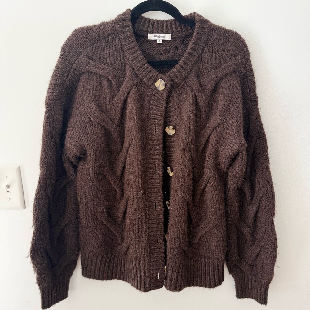 Madewell Wool-blend Cable-Knit Button Cardigan in Chocolate Brown